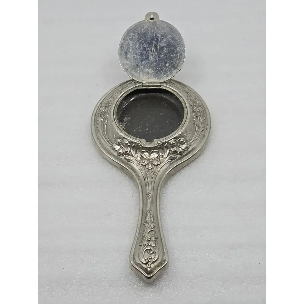 Vtg Bushkill Falls Handheld Mirror Silver Tone w/Small Hidden Back Compartment